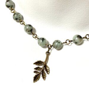 Genuine Light Teal Kiwi Jasper Short Necklace, Gemstone & Bronze Leaf Branch